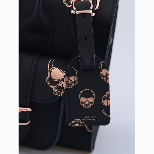 LEATHER LUGGAGE TAG ROSE GOLD SKULLS